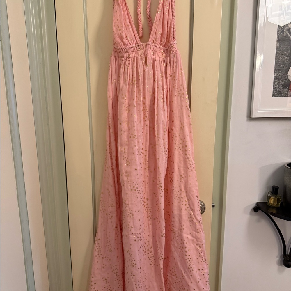 Love shack fancy: Pink Maxi Dress with Gold Accents
